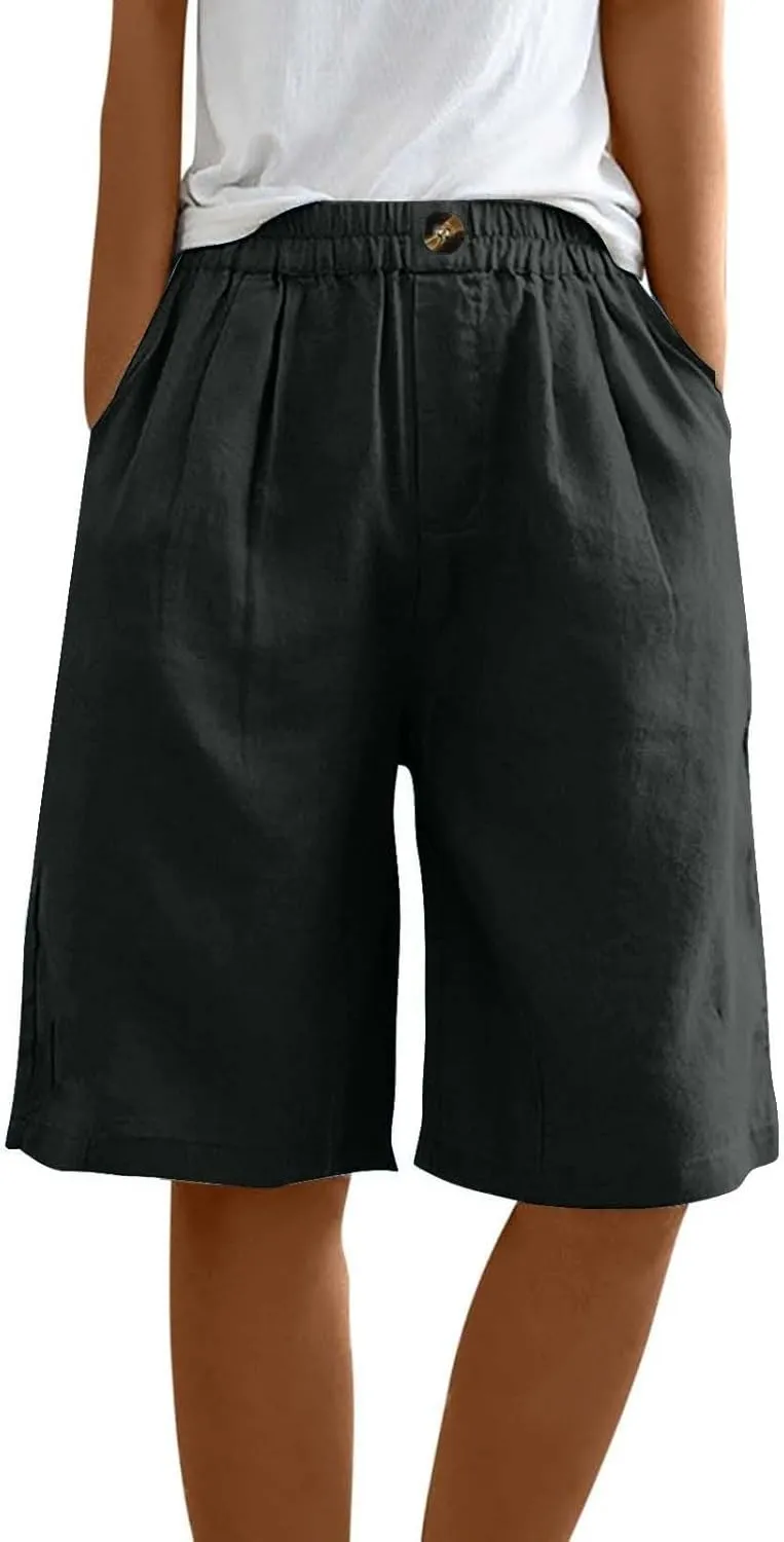 Women Casual Knee Length Linen Shorts Fashion High Waisted Cotton Linen Bermuda Shorts Straight Leg Work Casual Pants
