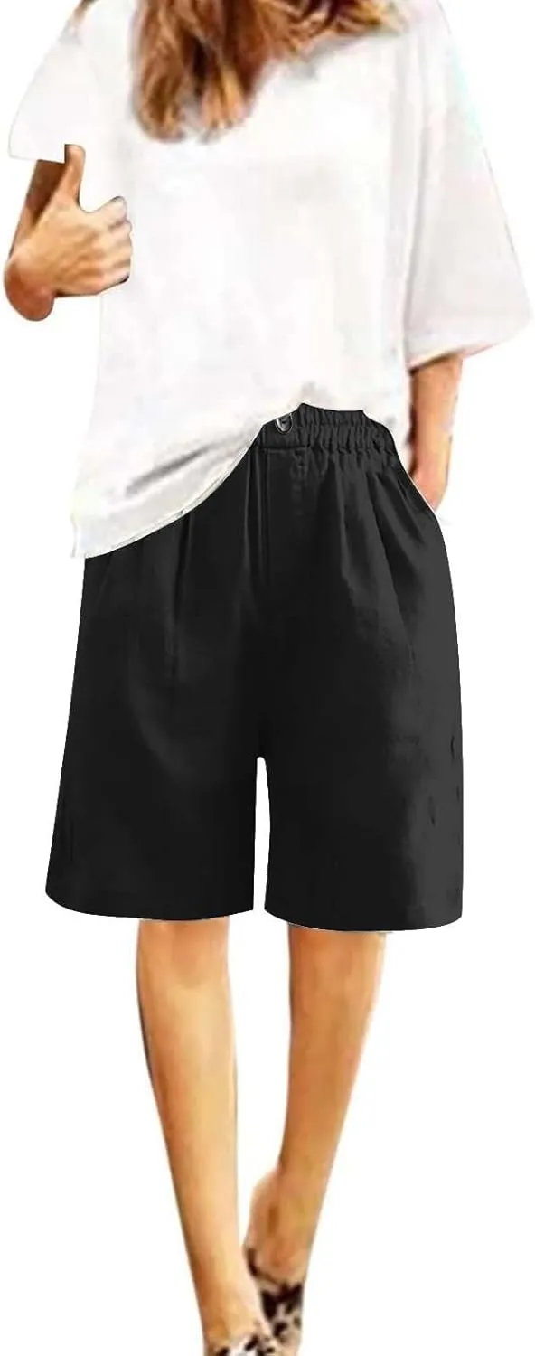 Women Casual Knee Length Linen Shorts Fashion High Waisted Cotton Linen Bermuda Shorts Straight Leg Work Casual Pants