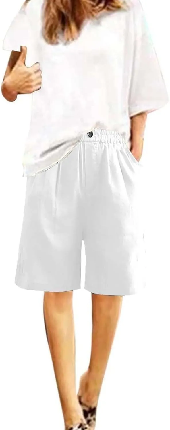 Women Casual Knee Length Linen Shorts Fashion High Waisted Cotton Linen Bermuda Shorts Straight Leg Work Casual Pants