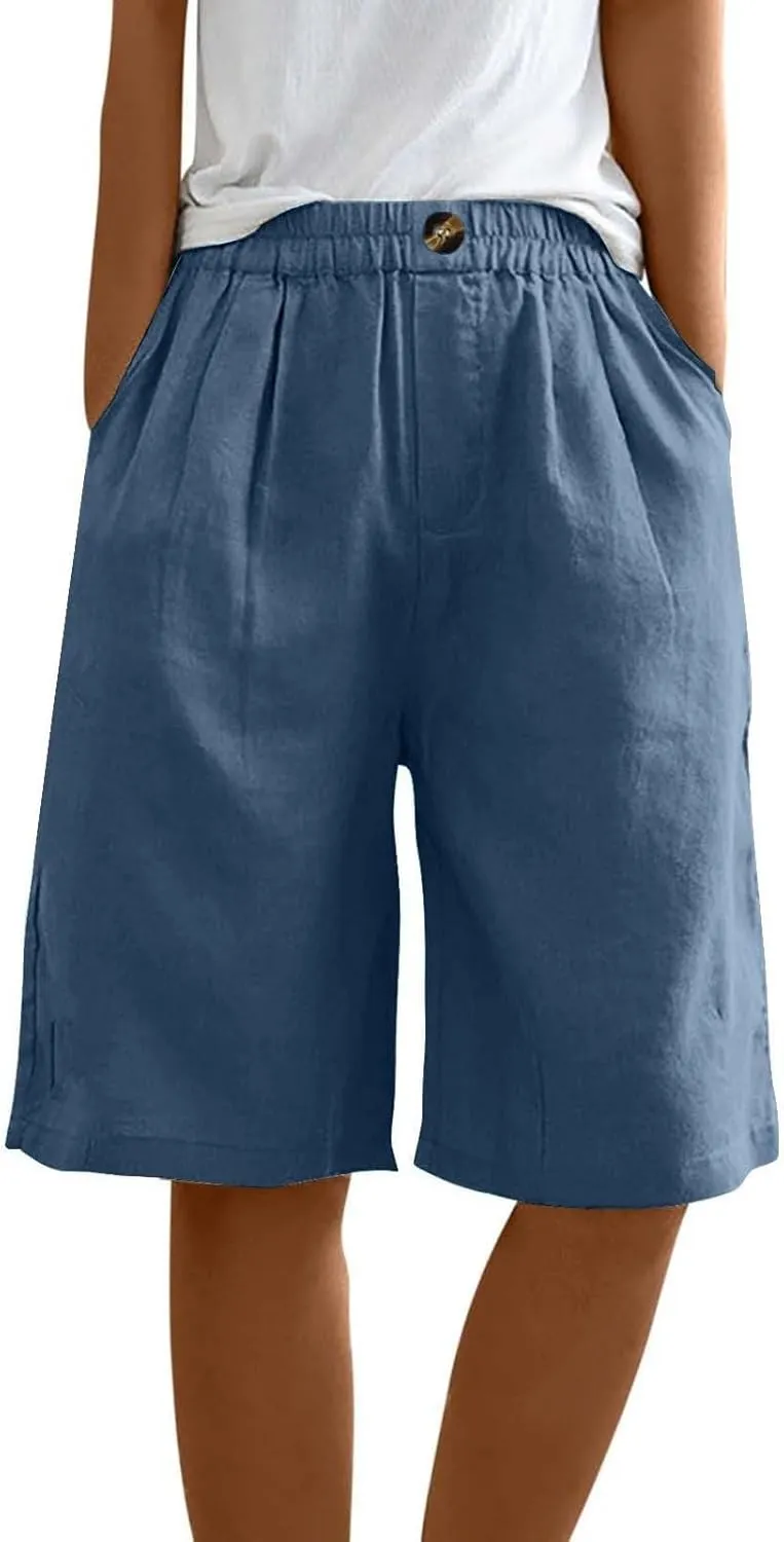 Women Casual Knee Length Linen Shorts Fashion High Waisted Cotton Linen Bermuda Shorts Straight Leg Work Casual Pants