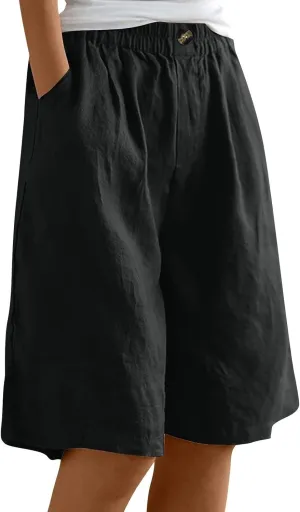 Women Casual Knee Length Linen Shorts Fashion High Waisted Cotton Linen Bermuda Shorts Straight Leg Work Casual Pants