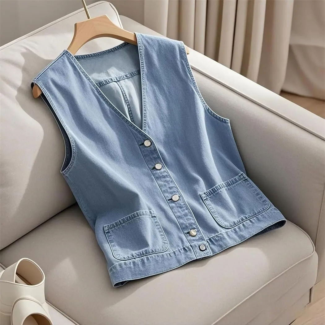 Women Denim Vest Sleeveless Pockets Button Up Waistcoat Summer Elegant Vest Tops