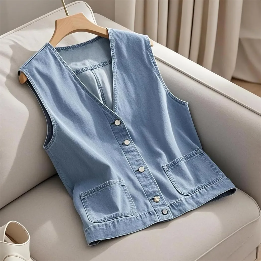 Women Denim Vest Sleeveless Pockets Button Up Waistcoat Summer Elegant Vest Tops