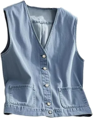 Women Denim Vest Sleeveless Pockets Button Up Waistcoat Summer Elegant Vest Tops