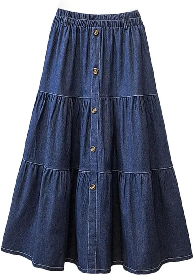 Women Elastic Waist Solid Skirts Fashion Denim Skirt A-Line Work Overskirts Casual Loose Holiday Jupe