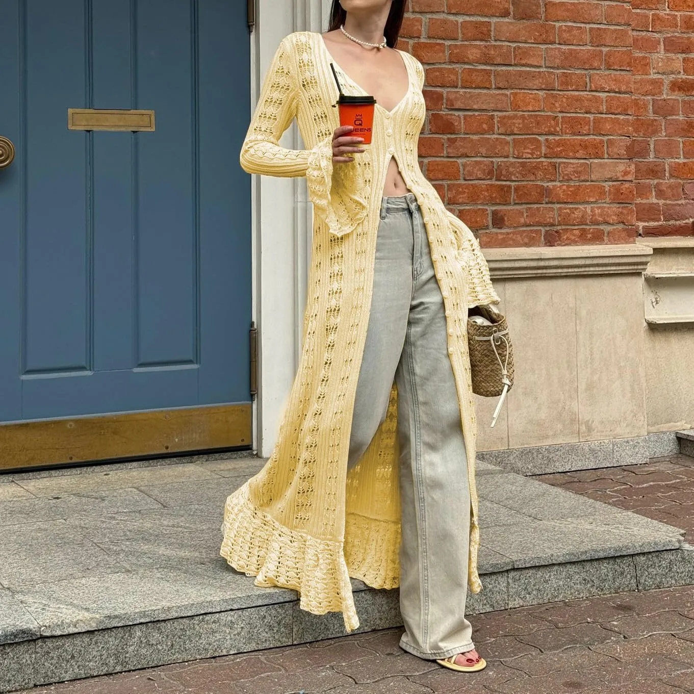 Women Elegant Crochet Knit Maxi Dress Button Down Hollow Out Cover Up Vacation Long Dress