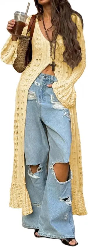 Women Elegant Crochet Knit Maxi Dress Button Down Hollow Out Cover Up Vacation Long Dress