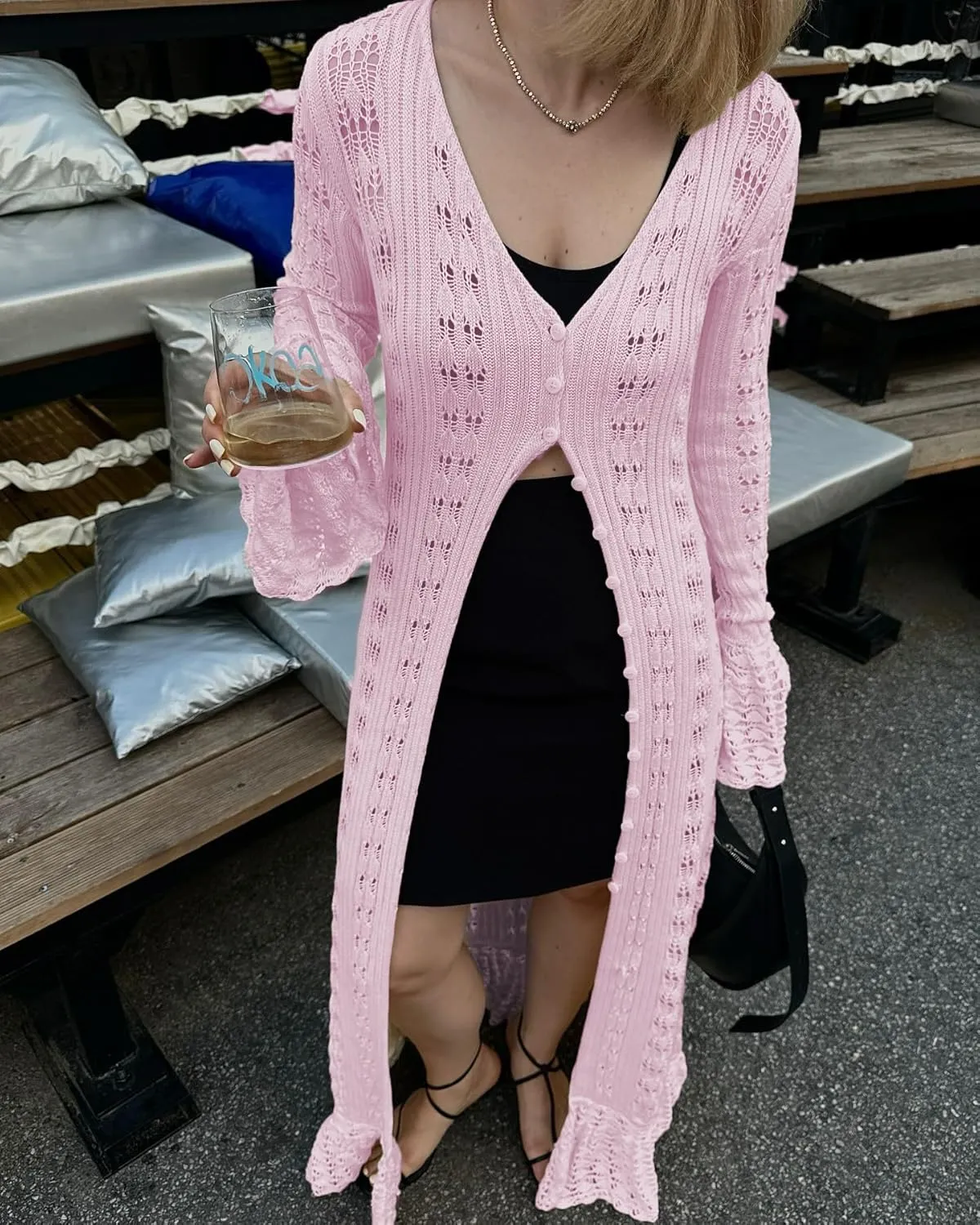 Women Elegant Crochet Knit Maxi Dress Button Down Hollow Out Cover Up Vacation Long Dress