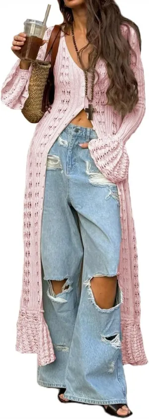 Women Elegant Crochet Knit Maxi Dress Button Down Hollow Out Cover Up Vacation Long Dress