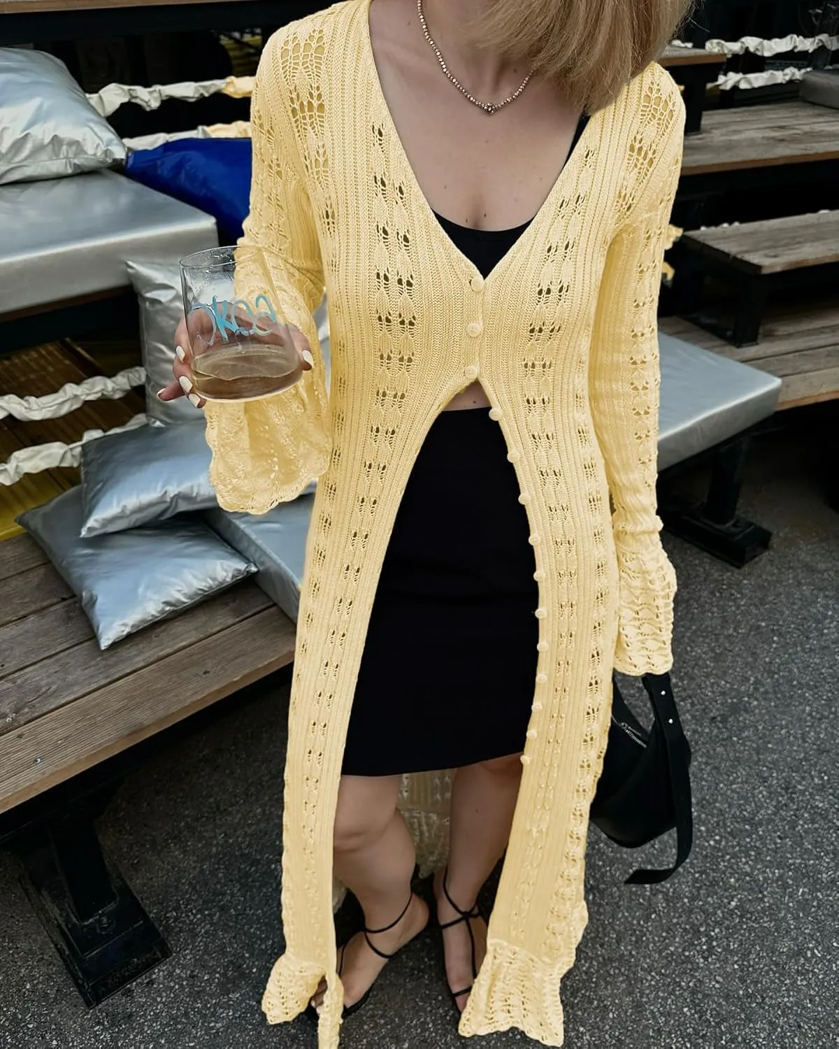 Women Elegant Crochet Knit Maxi Dress Button Down Hollow Out Cover Up Vacation Long Dress