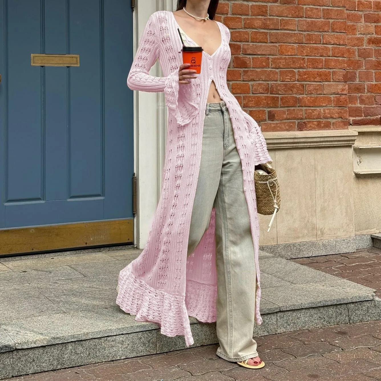Women Elegant Crochet Knit Maxi Dress Button Down Hollow Out Cover Up Vacation Long Dress