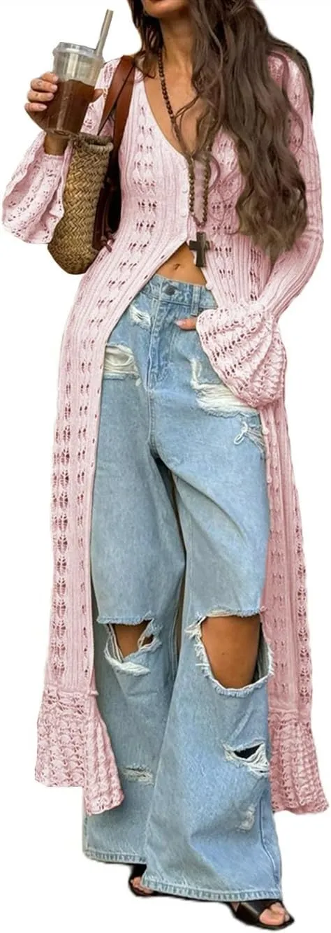 Women Elegant Crochet Knit Maxi Dress Button Down Hollow Out Cover Up Vacation Long Dress