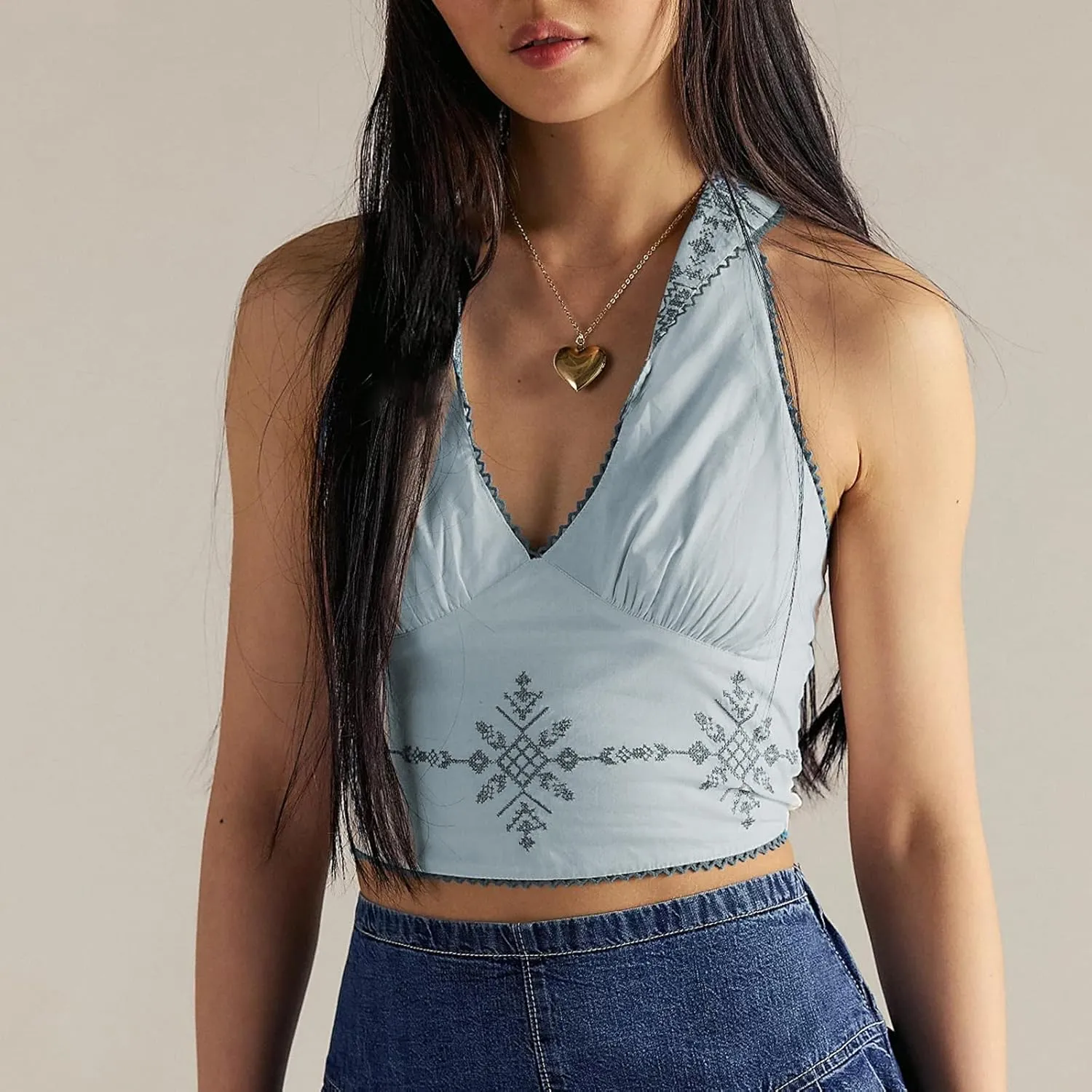 Women Floral Print Halter Neck Top Sexy Deep V Neck Backless Crop Vest Summer Outfit Sleeveless Streetwear Tank Top