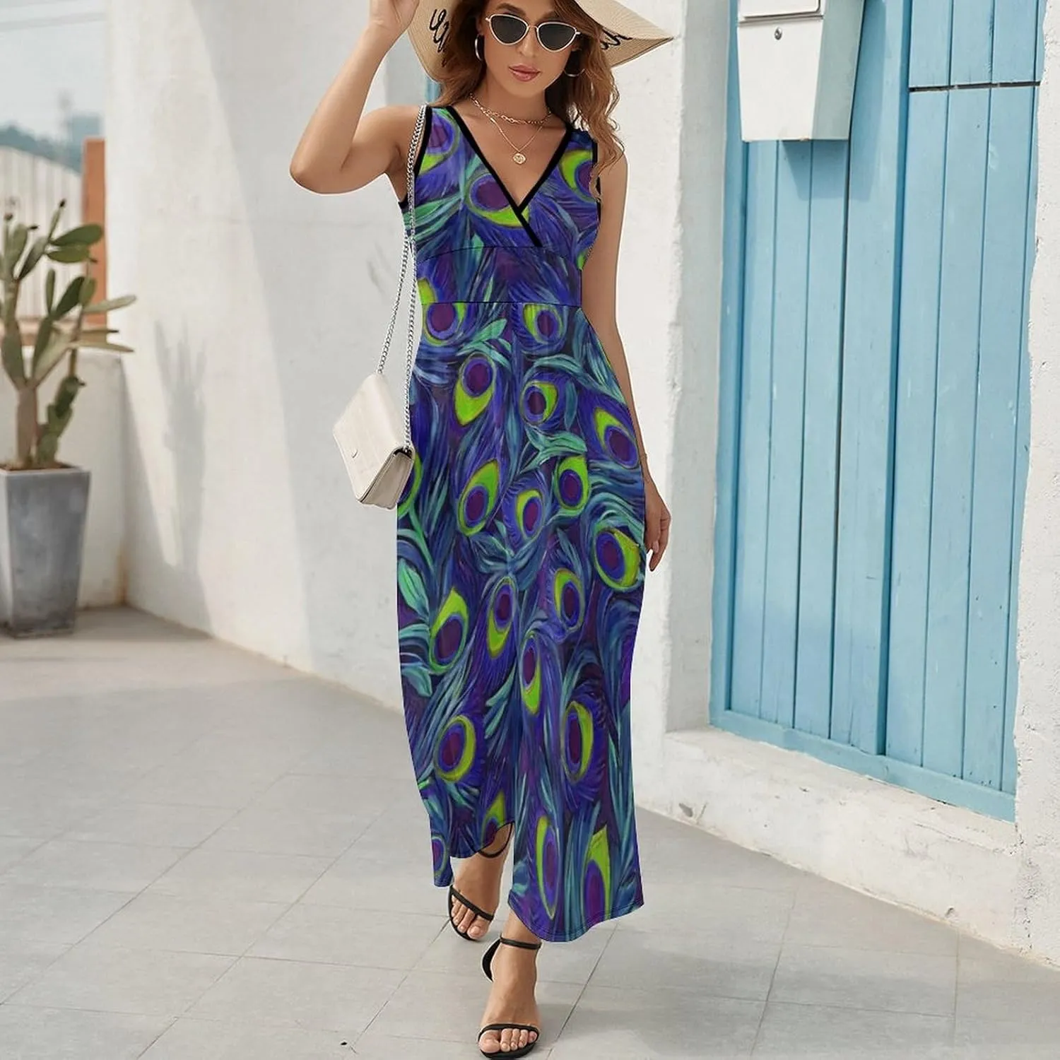 Women Girls V-Neck Sleeveless Flared Midi Dress for Party Holiday Beach