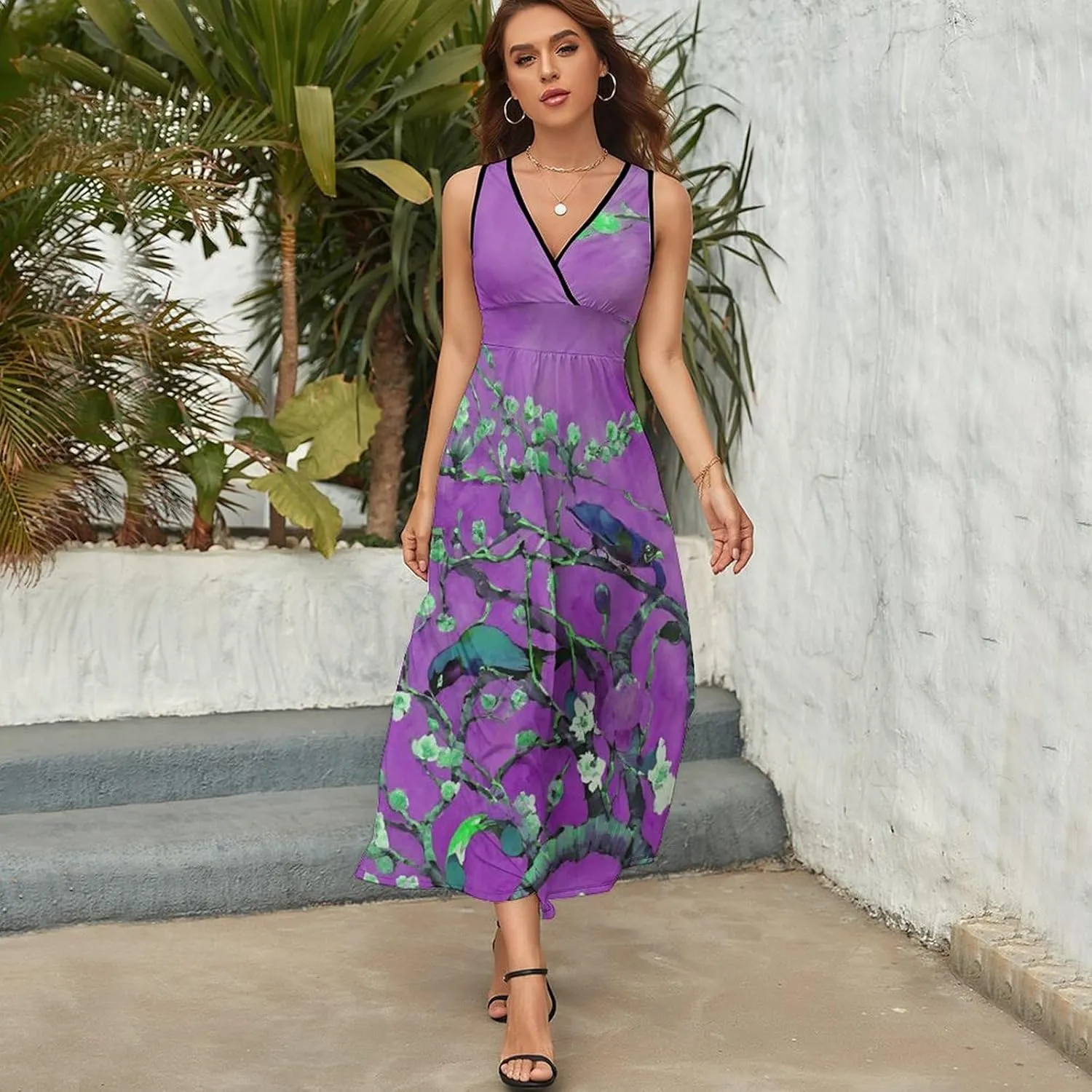 Women Girls V-Neck Sleeveless Flared Midi Dress for Party Holiday Beach