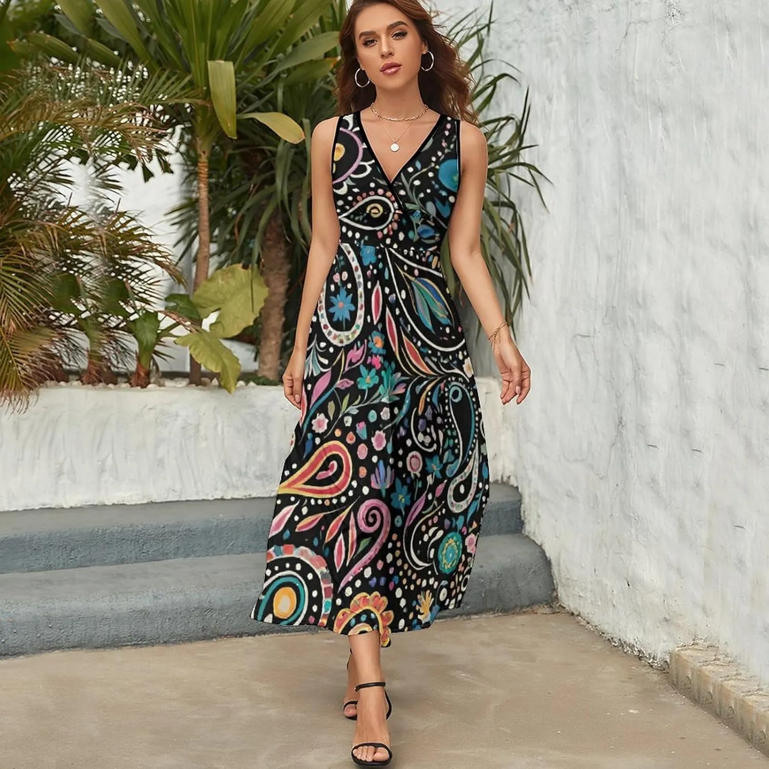 Women Girls V-Neck Sleeveless Flared Midi Dress for Party Holiday Beach