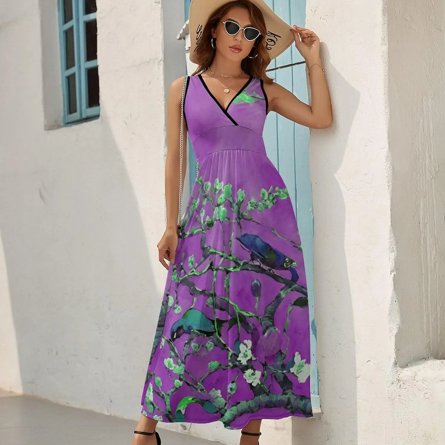 Women Girls V-Neck Sleeveless Flared Midi Dress for Party Holiday Beach