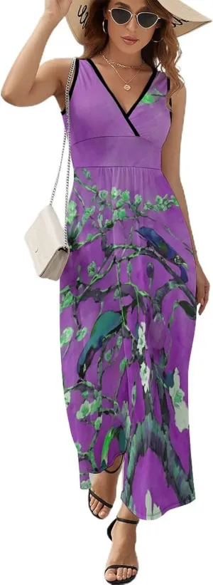 Women Girls V-Neck Sleeveless Flared Midi Dress for Party Holiday Beach