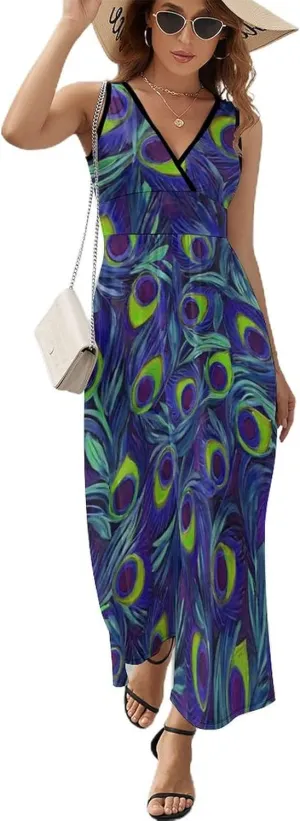 Women Girls V-Neck Sleeveless Flared Midi Dress for Party Holiday Beach
