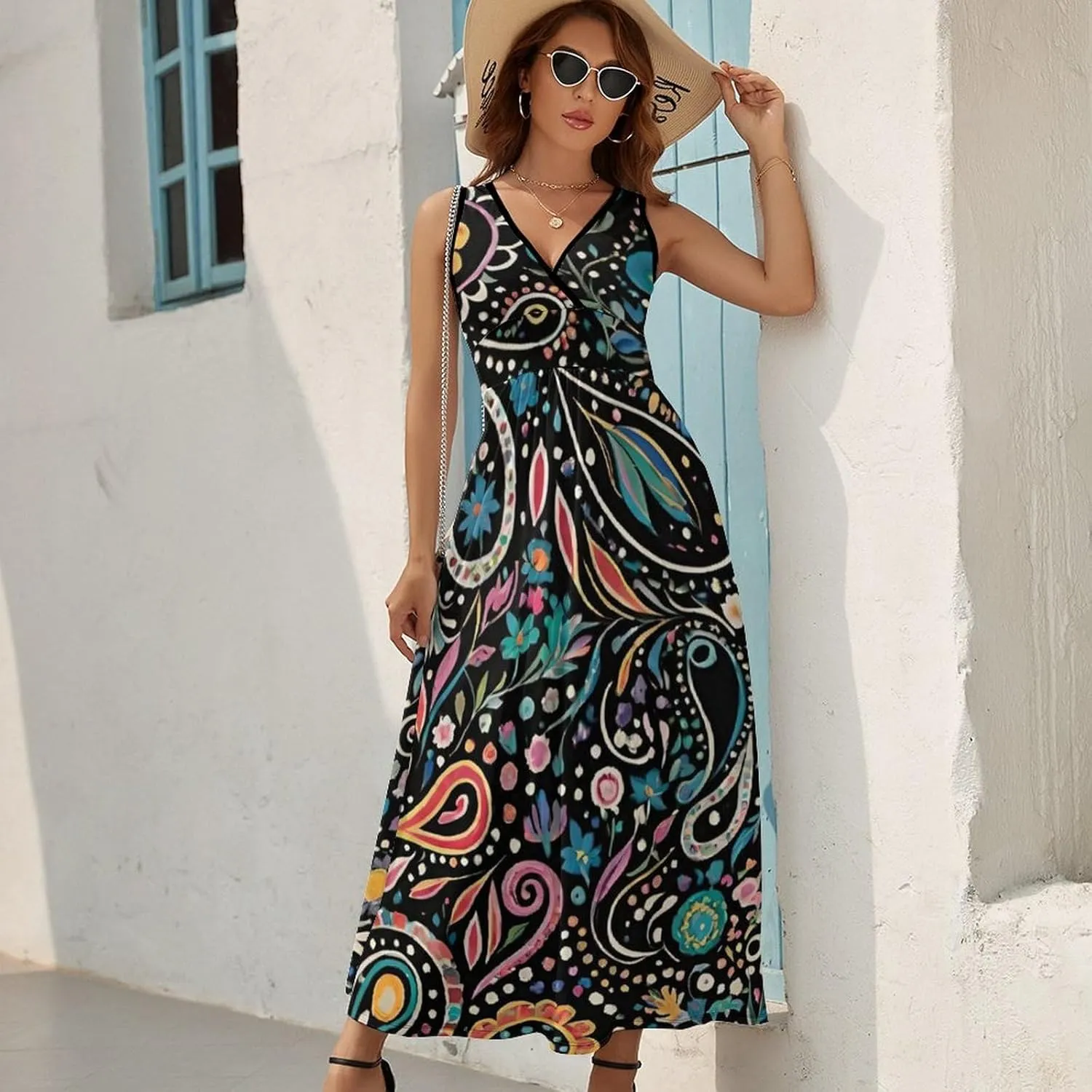 Women Girls V-Neck Sleeveless Flared Midi Dress for Party Holiday Beach