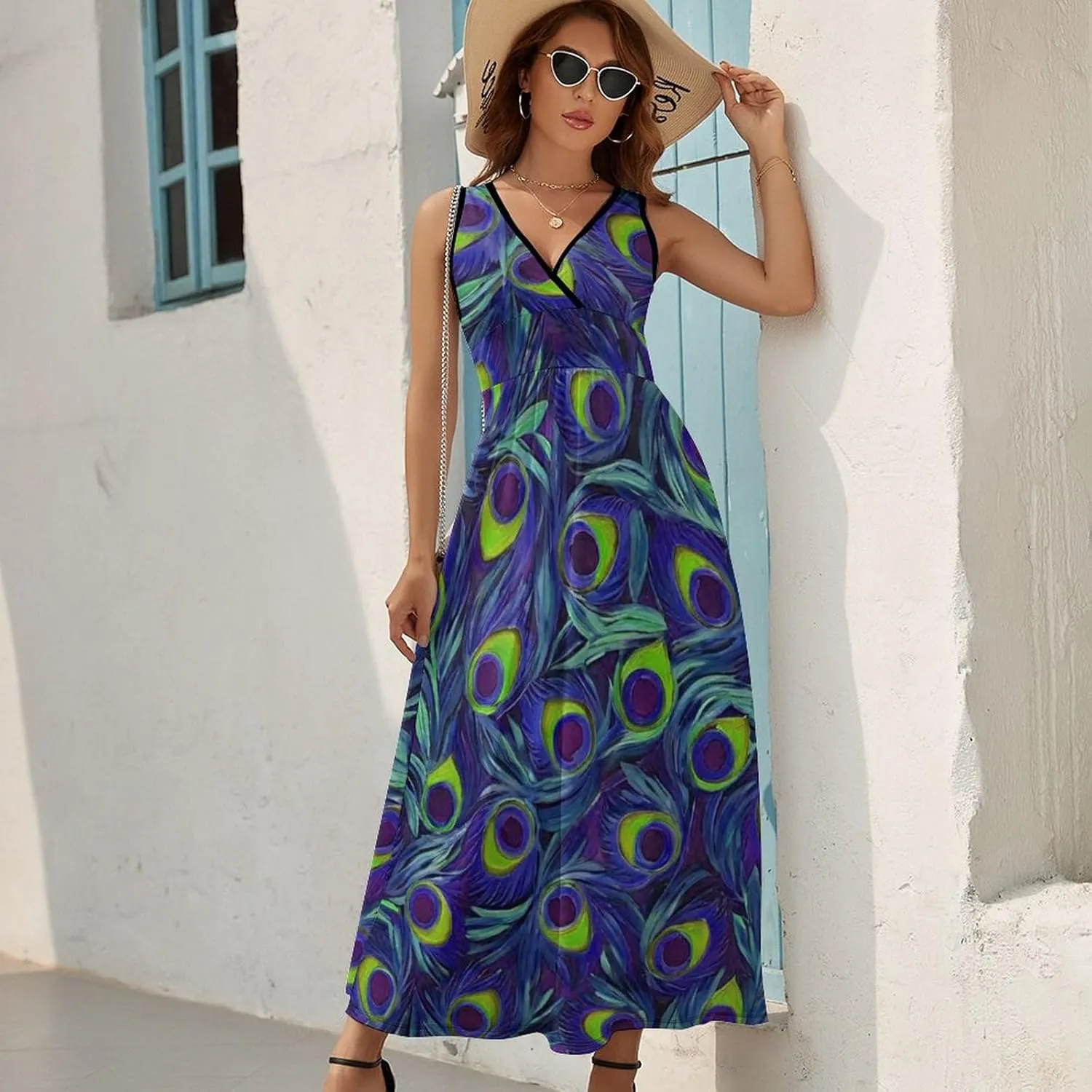 Women Girls V-Neck Sleeveless Flared Midi Dress for Party Holiday Beach