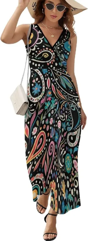 Women Girls V-Neck Sleeveless Flared Midi Dress for Party Holiday Beach