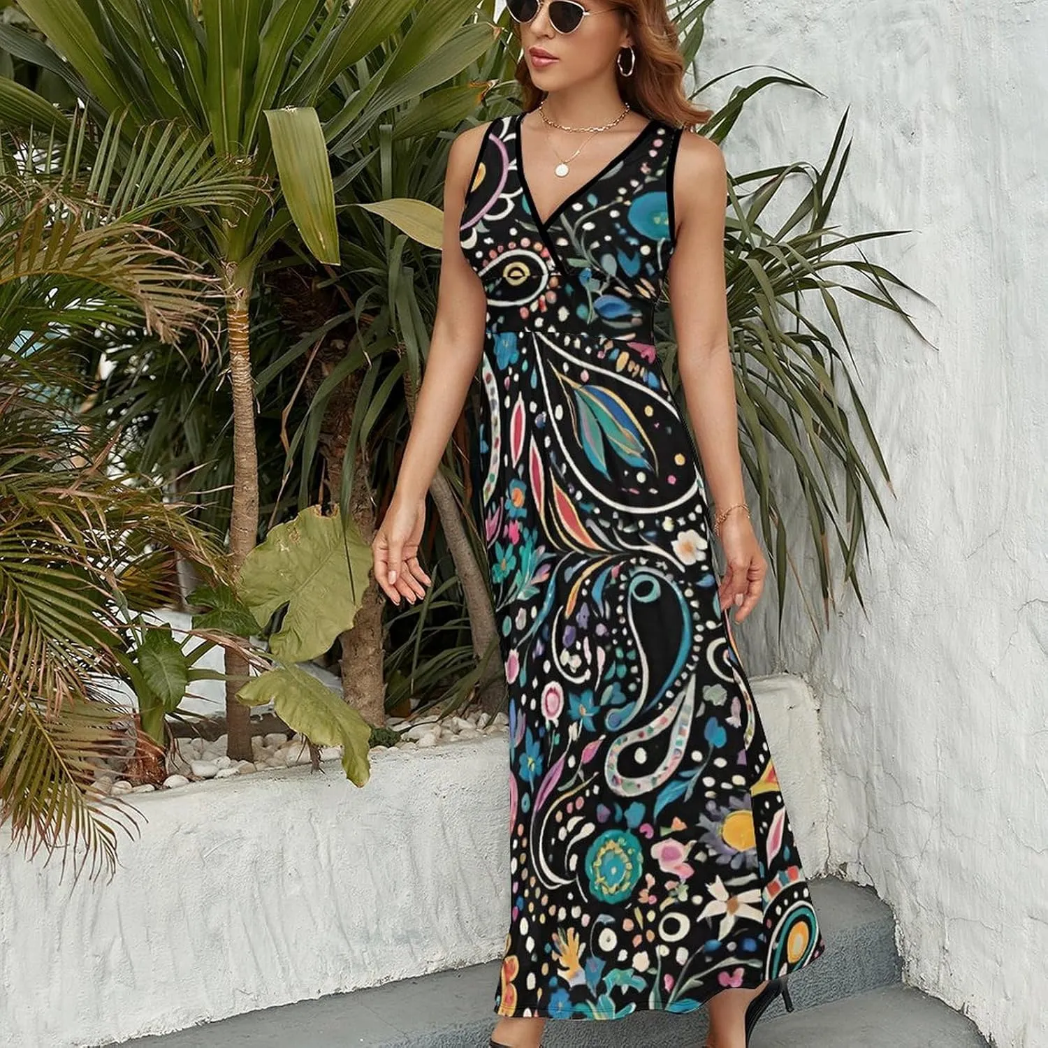 Women Girls V-Neck Sleeveless Flared Midi Dress for Party Holiday Beach