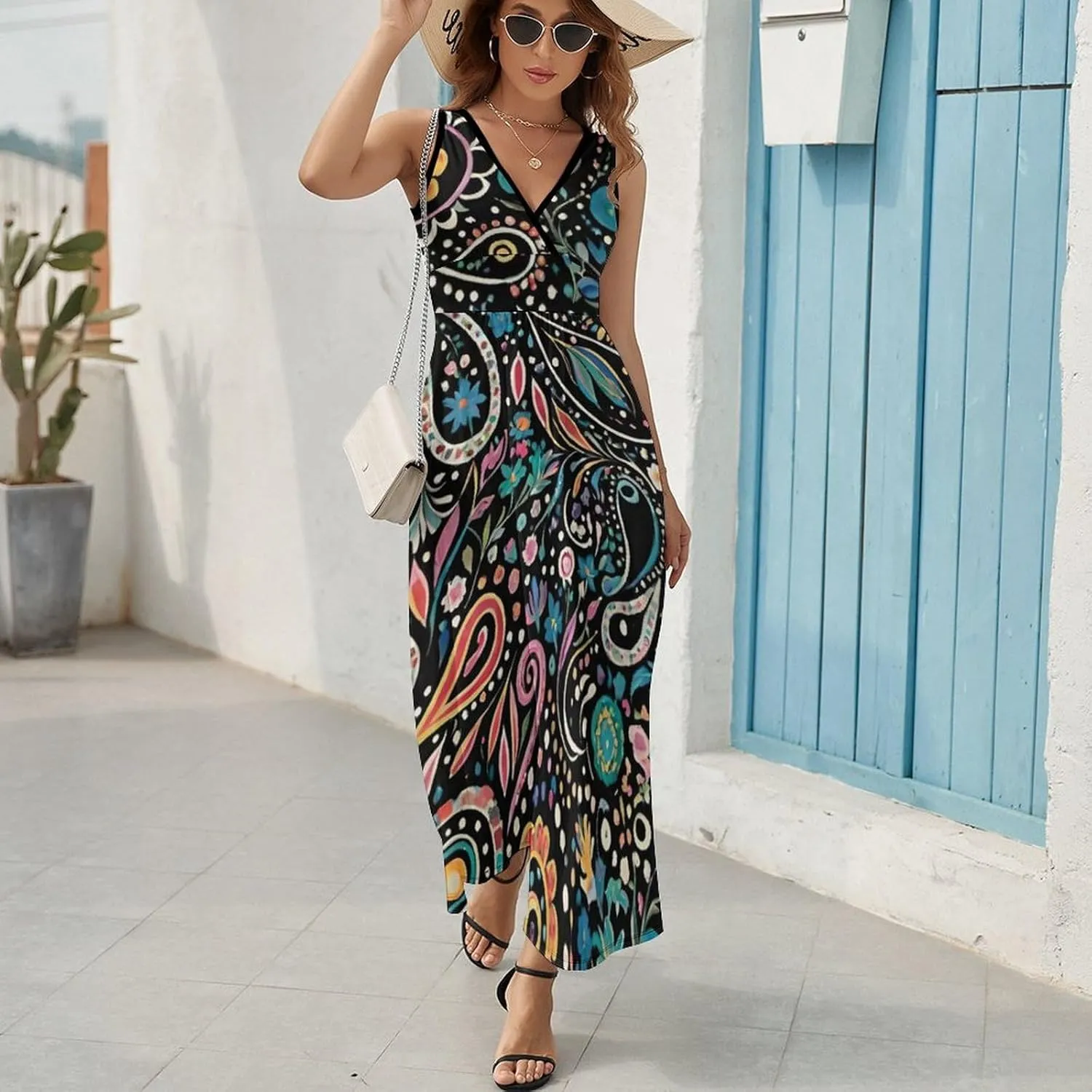 Women Girls V-Neck Sleeveless Flared Midi Dress for Party Holiday Beach