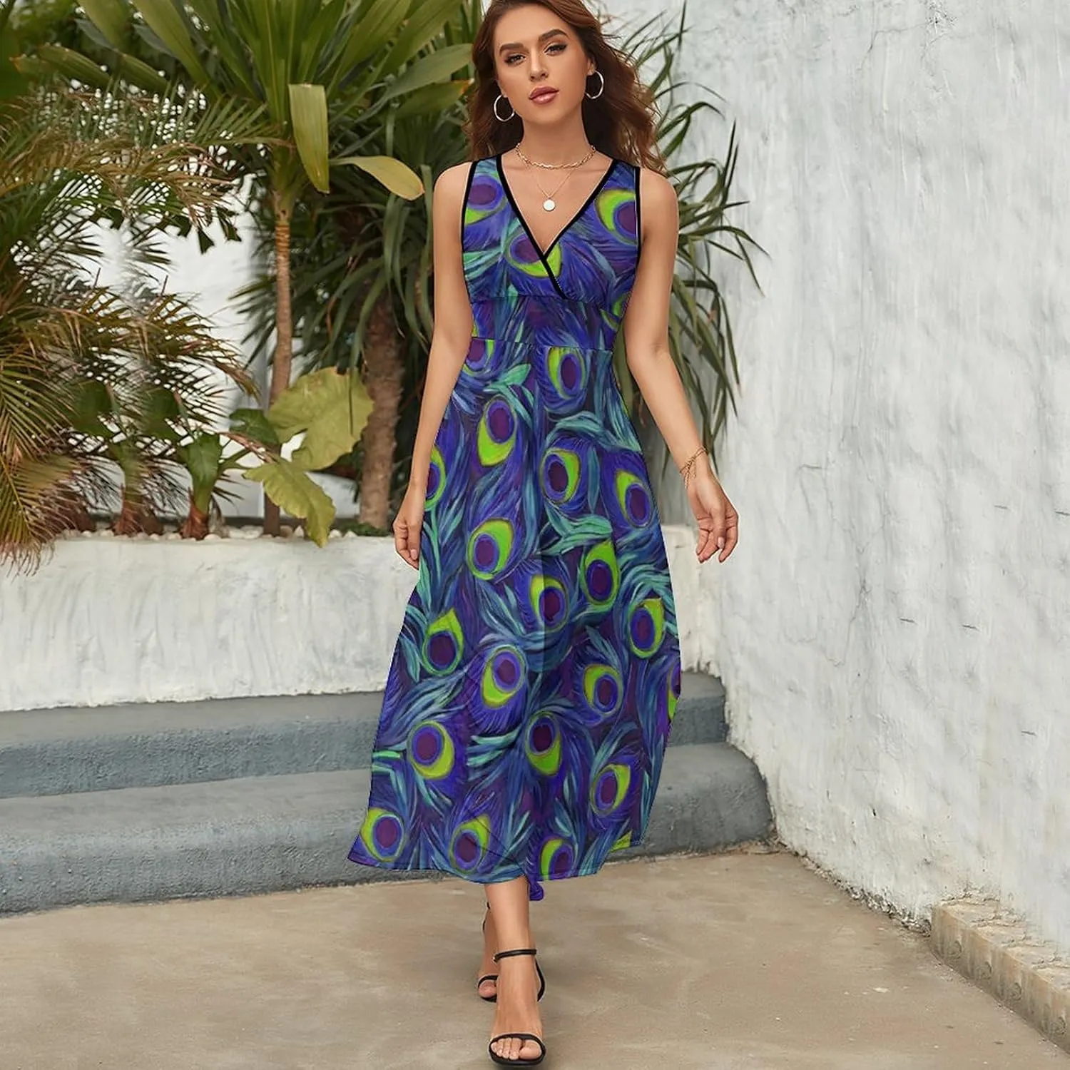 Women Girls V-Neck Sleeveless Flared Midi Dress for Party Holiday Beach
