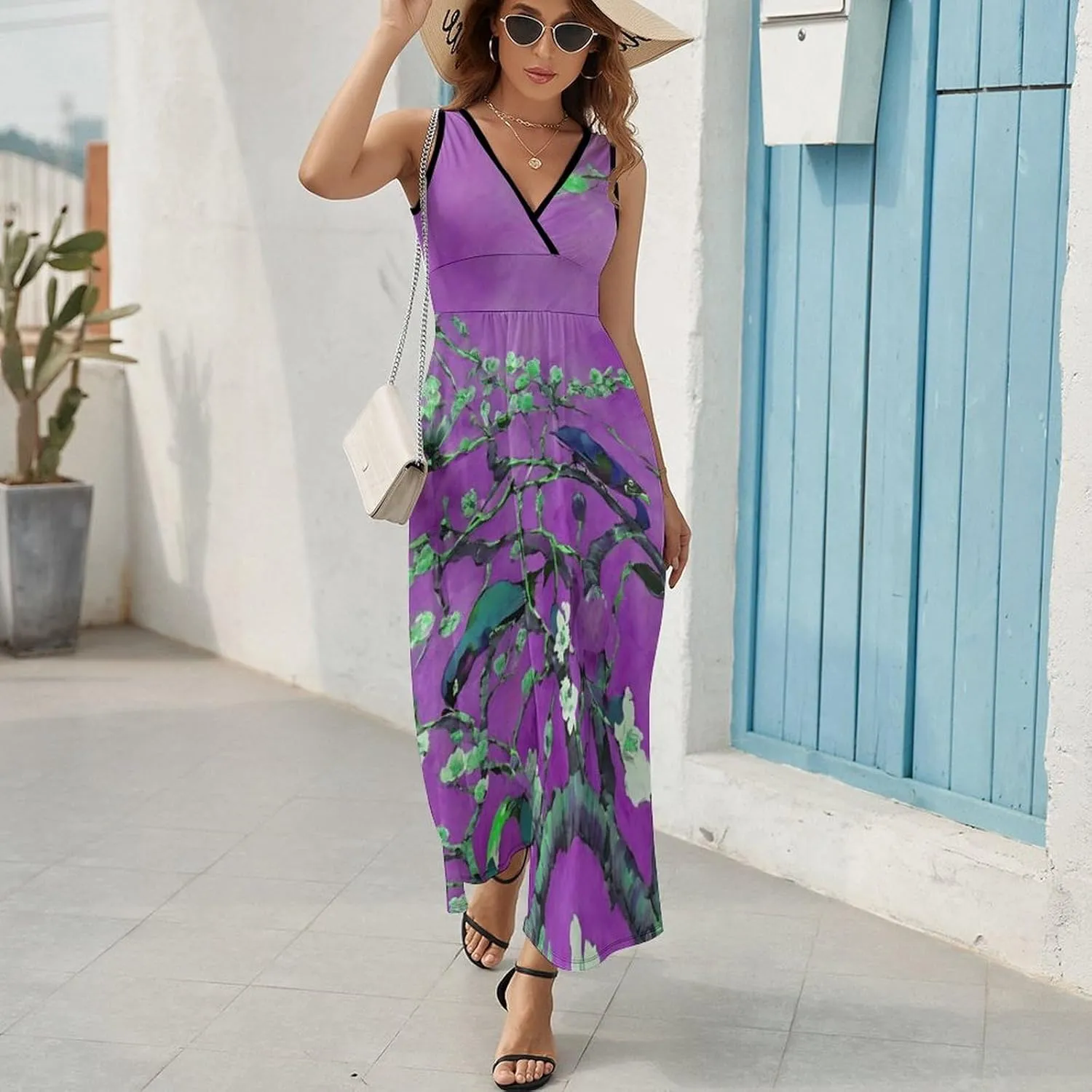 Women Girls V-Neck Sleeveless Flared Midi Dress for Party Holiday Beach