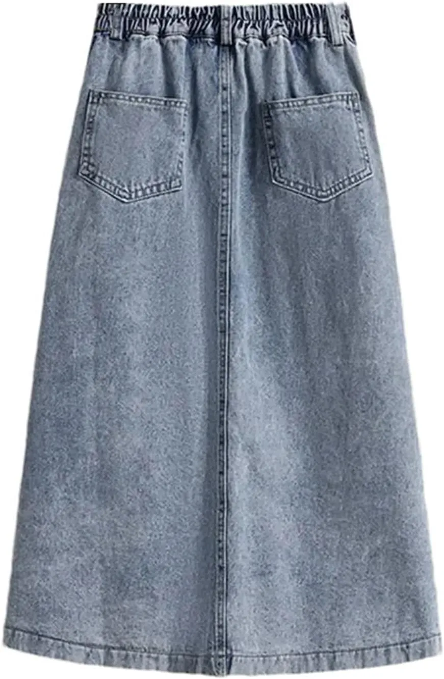 Women High Waist Denim Skirt Summer Vintage Solid Loose A-Line Midi Skirts