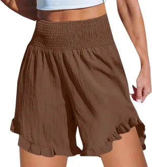 Women High Waisted Ruffle Hem Shorts Stylish Active Activities Loose Fit Casual Wear Pant Beach Boho Flowy Yoga Short