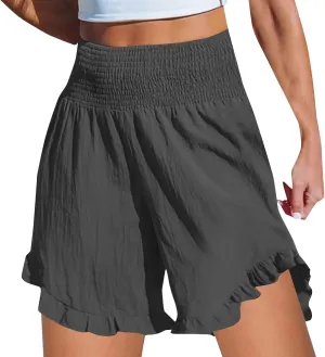 Women High Waisted Ruffle Hem Shorts Stylish Active Activities Loose Fit Casual Wear Pant Beach Boho Flowy Yoga Short