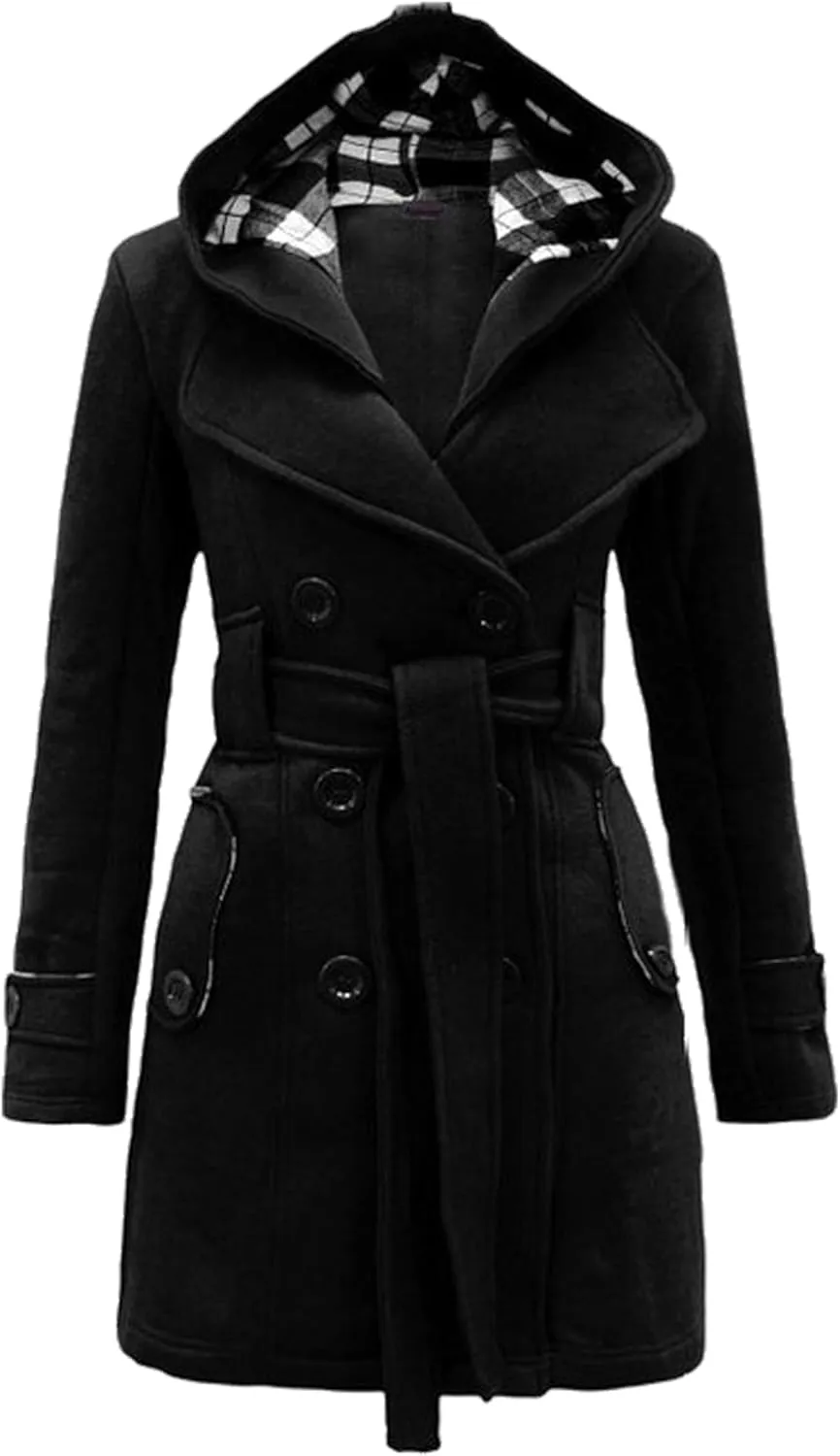 Women Hooded Thick Trench Coat Long Sleeve Basic Jacket Commuting with Pockets Elegant Coat