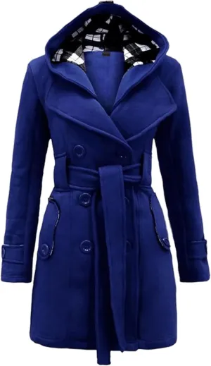 Women Hooded Thick Trench Coat Long Sleeve Basic Jacket Commuting with Pockets Elegant Coat