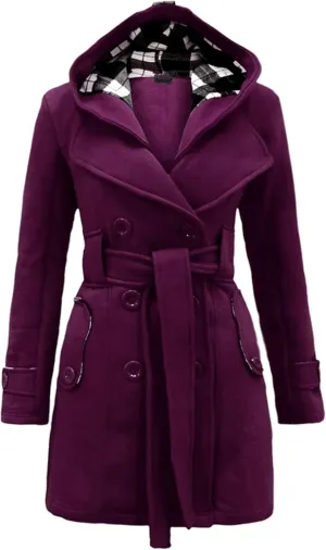 Women Hooded Thick Trench Coat Long Sleeve Basic Jacket Commuting with Pockets Elegant Coat