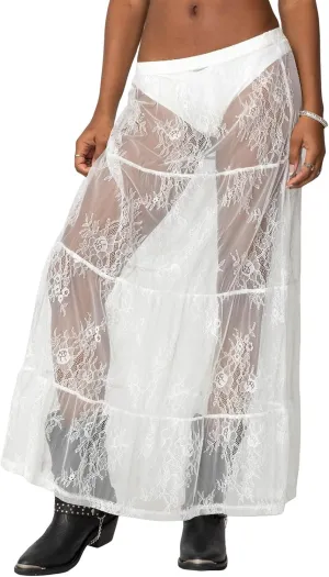 Women Lace Maxi Skirt High Waist Sheer A-line Midi Skirt Y2K Summer Elegant Beach Party Long Skirts