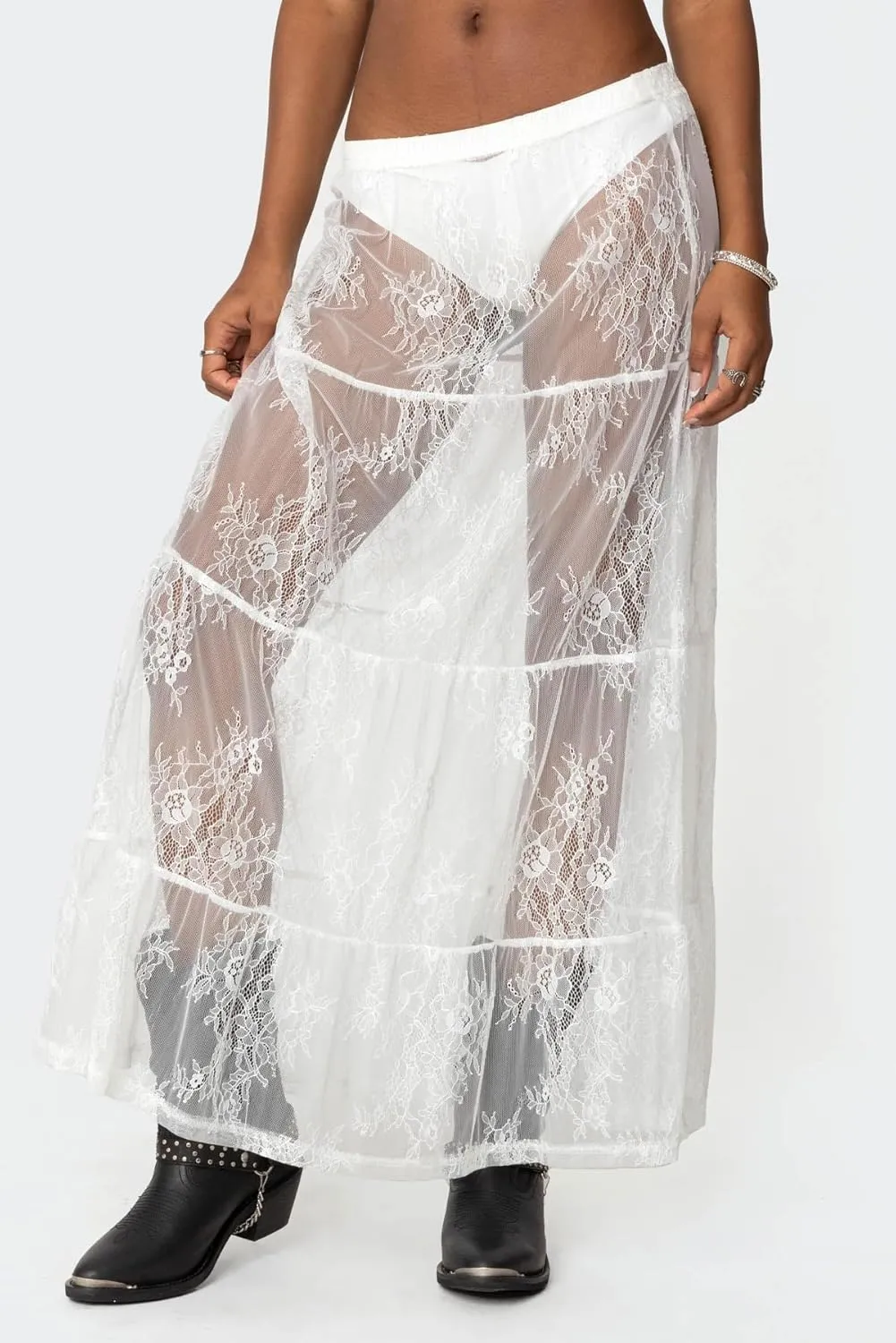 Women Lace Maxi Skirt High Waist Sheer A-line Midi Skirt Y2K Summer Elegant Beach Party Long Skirts