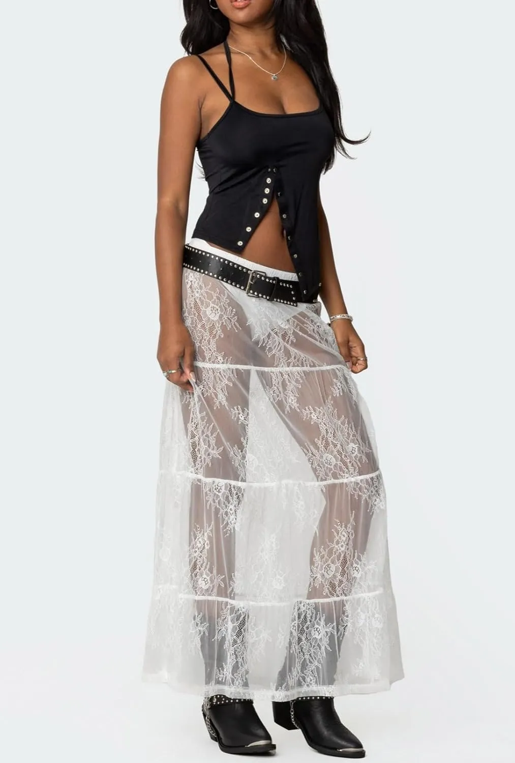 Women Lace Maxi Skirt High Waist Sheer A-line Midi Skirt Y2K Summer Elegant Beach Party Long Skirts