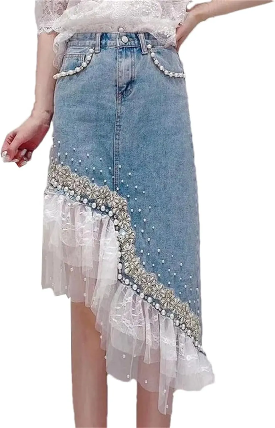Women Lace Patchwork Irregular Hem Denim Skirts Bead Pearl Diamond Jean Skirt