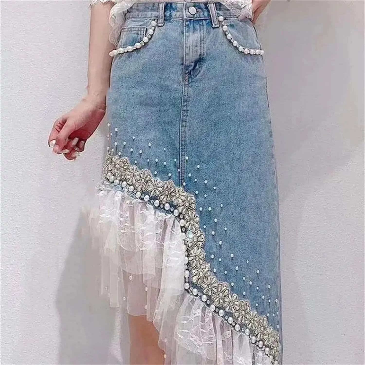 Women Lace Patchwork Irregular Hem Denim Skirts Bead Pearl Diamond Jean Skirt