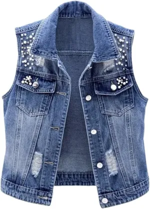 Women Lapel Jacket Vintage Denim Vest Loose Fit Bead Decor Single Breasted Streetwear Fall Spring Waistcoat
