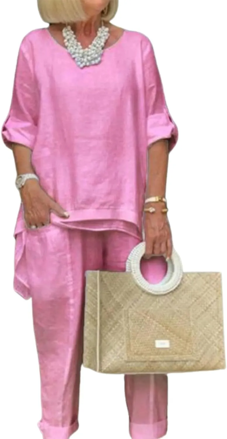 Women Linen 2 Piece Pants Suit for Women Dressy Cotton Linen Sets Outfits Long Sleeve Shirts Wide Leg Trousers
