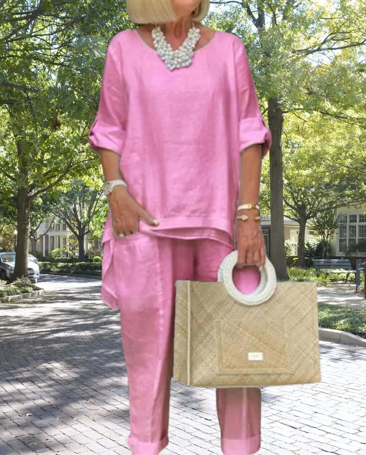 Women Linen 2 Piece Pants Suit for Women Dressy Cotton Linen Sets Outfits Long Sleeve Shirts Wide Leg Trousers