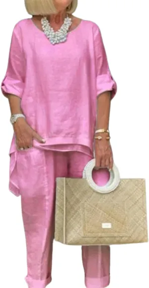 Women Linen 2 Piece Pants Suit for Women Dressy Cotton Linen Sets Outfits Long Sleeve Shirts Wide Leg Trousers
