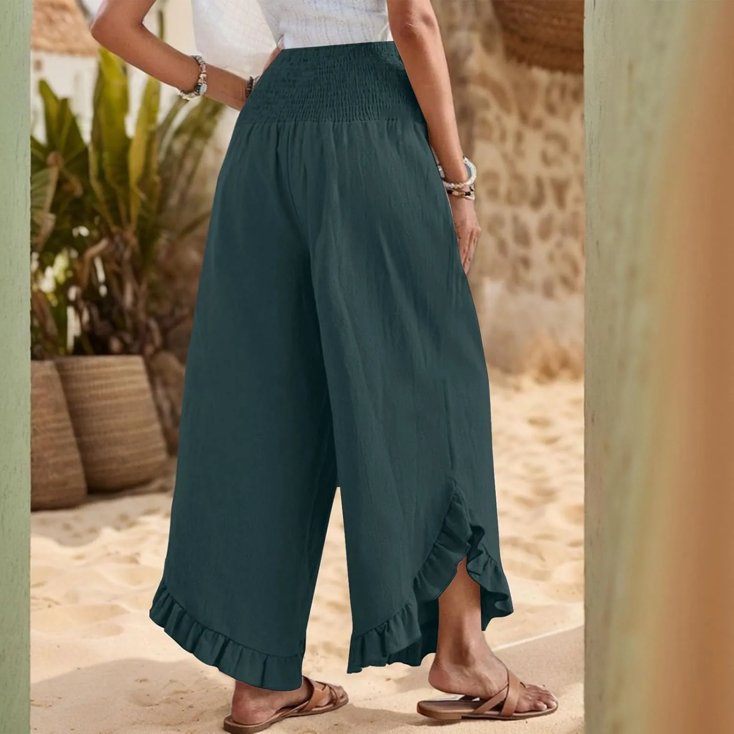 Women Linen Pants Summer Wide Leg Pants Smocked Waist Ruffle Hem Palazzo Pant Boho Flowy Beach Pant with Pocket