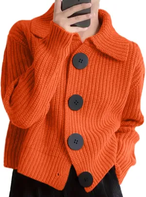 Women Open Front Knit Sweater Long Sleeve Cardigan Sweater Casual Loose Button Lapel Cardigan Coat