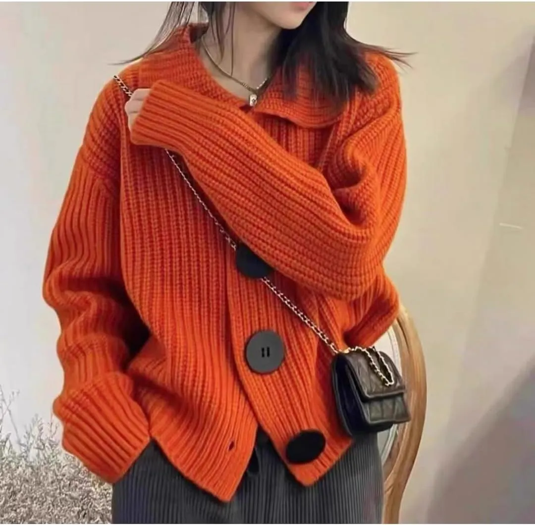 Women Open Front Knit Sweater Long Sleeve Cardigan Sweater Casual Loose Button Lapel Cardigan Coat