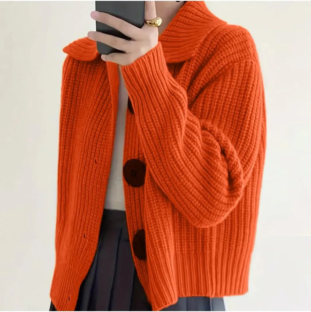 Women Open Front Knit Sweater Long Sleeve Cardigan Sweater Casual Loose Button Lapel Cardigan Coat