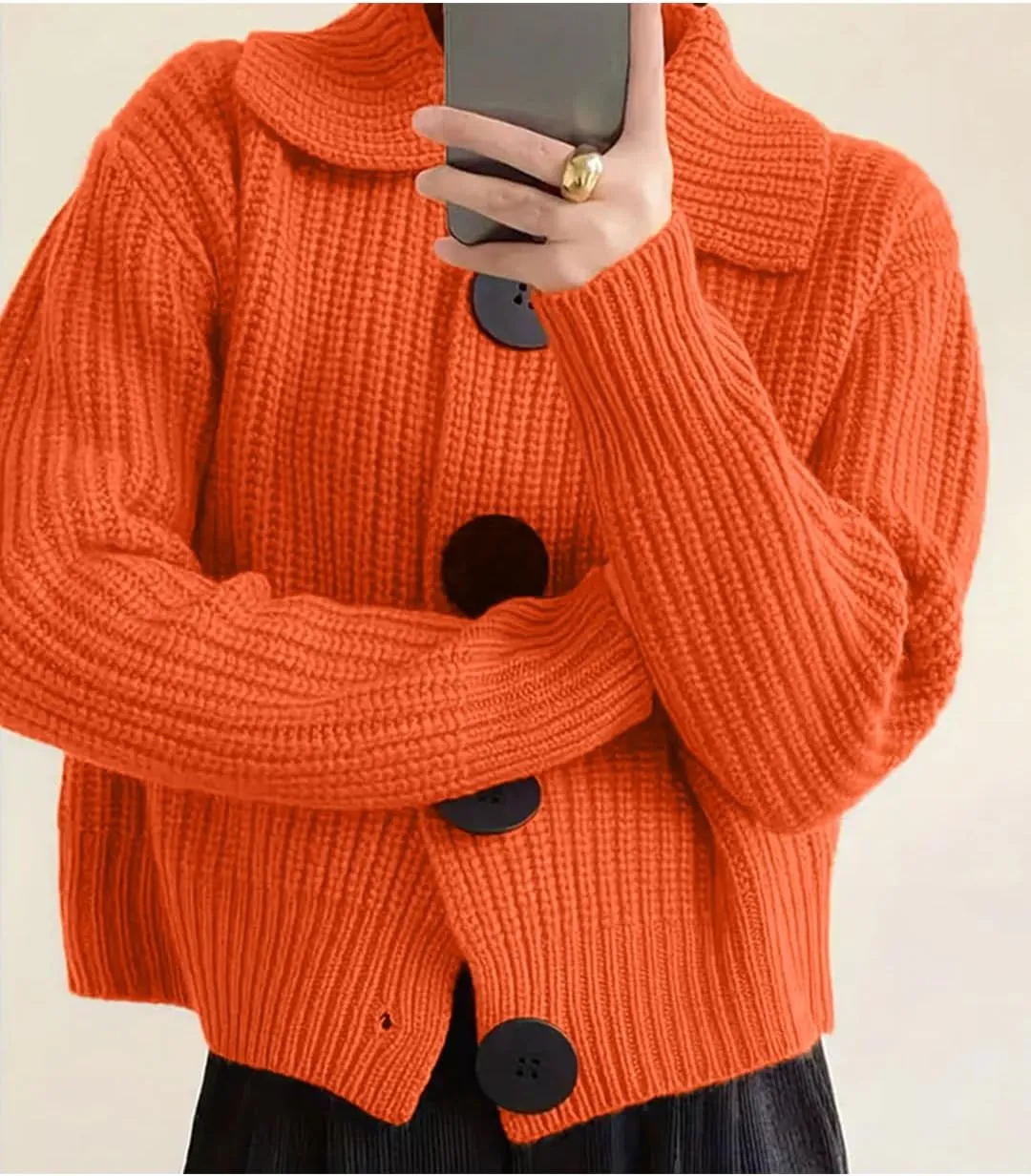 Women Open Front Knit Sweater Long Sleeve Cardigan Sweater Casual Loose Button Lapel Cardigan Coat